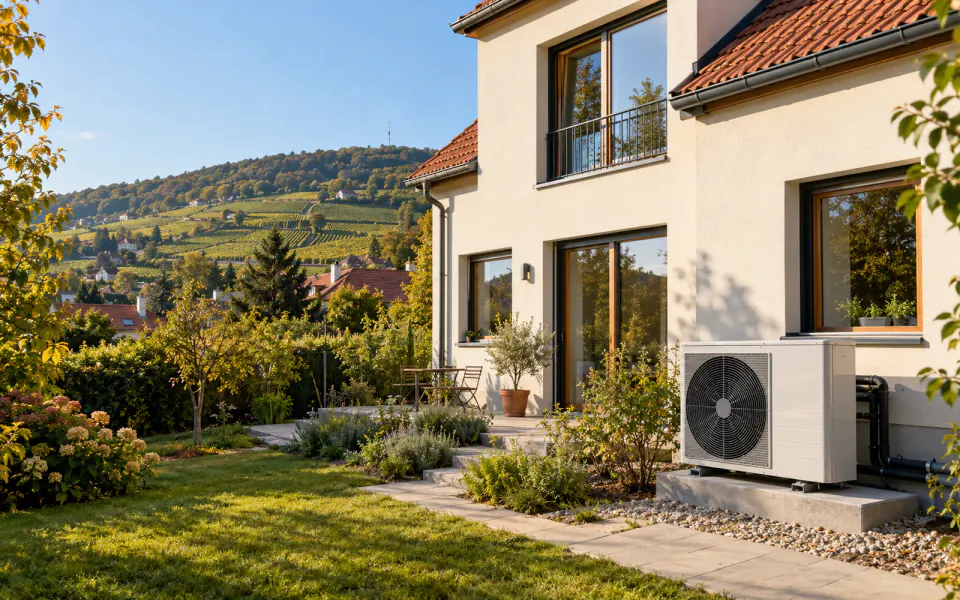 Saniertes Einfamilienhaus in Wien mit Wärmepumpe im Garten und Weinbergen im Hintergrund