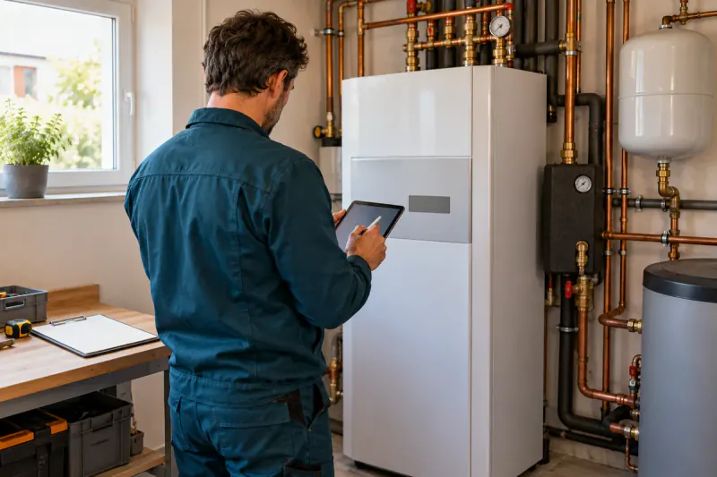 Installateur plant eine Wärmepumpe in Wien mit Tablet im Technikraum